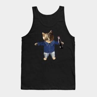 Funny Cat Kitty Drinking Wearing Jeans Denim Tank Top